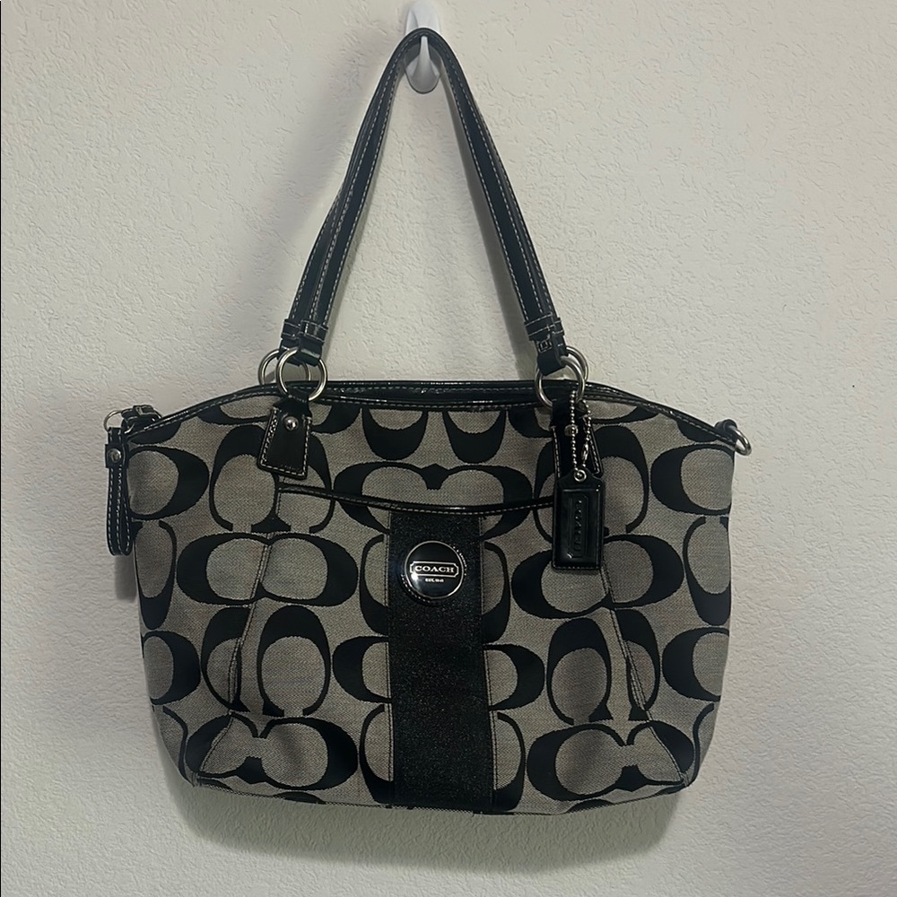 Coach Black and Gray Shoulder Bag with Signature Monogram